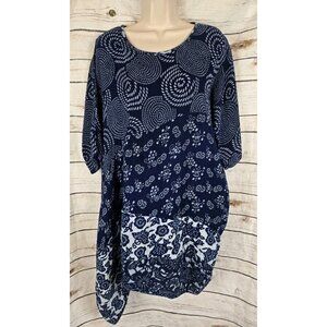 Peacock Ways Blue Multi Print Shift Dress L/XL Lagenlook Asymmetrical Patchwork